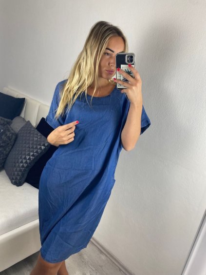 Šaty riflové krátký rukáv dámské (L/XL/2XL ONE SIZE) ITALSKá MóDA IM724060/DU (Velikost XL/2XL, Barva světle modrá)