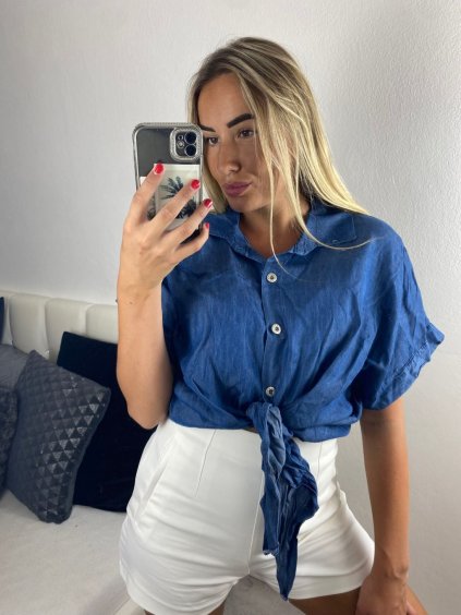 Košile krátký rukáv dámská (S/M/L ONE SIZE) ITALSKá MODA IMSM24007/DU (Velikost M/L, Barva světle modrá)