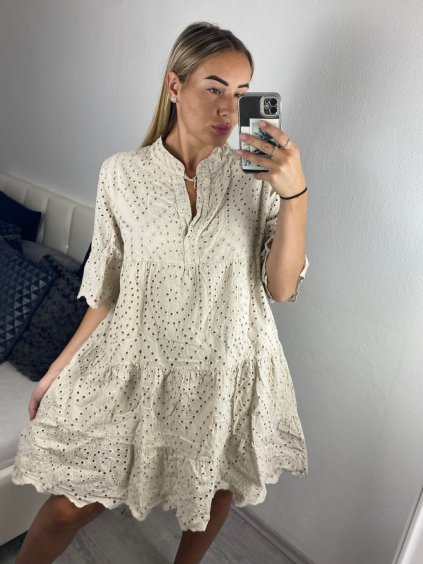 Šaty krajkové boho madeira krátký rukáv  dámské (S/M/L ONE SIZE) ITALSKÁ MÓDA IMWGS24056/DUR (Velikost M/L, Barva béžová)