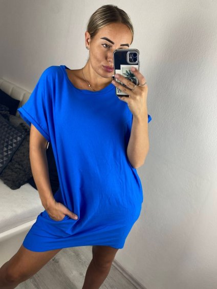 Šaty klasik bavlněné krátký rukáv dámské (S/M/L ONE SIZE) ITALSKÁ MÓDA IM324042/DU (Velikost M/L, Barva modrá)
