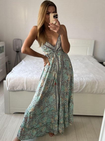 Šaty letní na ramínka dámské (S/M ONE SIZE) INDICKÁ MÓDA IMPEM22G69-1/DU (Velikost S/M/L, Barva světle zelená)