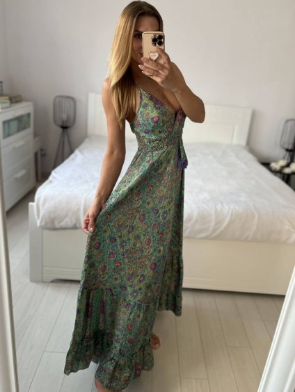 Šaty letní na ramínka dámské (S/M ONE SIZE) INDICKÁ MÓDA IMPEM22G69-2/DUR (Velikost S/M/L, Barva zelená)