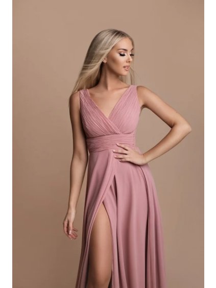 Šaty dlouhé elegantní společenské na ramínka dámské (S-L) FRANCOUZSKÁ MÓDA FMPEL24CARINE-7/DU (Velikost L, Barva růžová starorůžová)