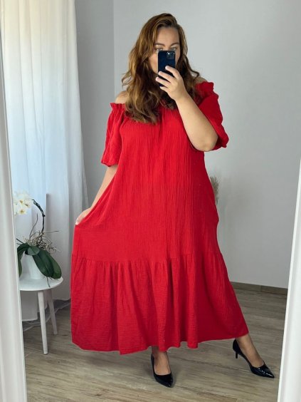 Šaty dlouhé mušelínové letní carmen dlouhý rukáv dámské nadrozměr (54/56 ONE SIZE) ITALSKÁ MÓDA IMWEC24LADO/DR (Velikost 54/56, Barva červená)