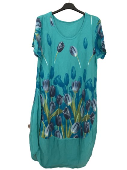 Šaty krátký rukáv dámské nadrozměr (XL/2XL ONE SIZE) ITALSKÁ MÓDA IM423TULIP/DU (Velikost XL/2XL, Barva modrá azurová)