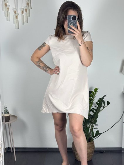 Šaty elegantní krátký rukávek letní dámské (36-38-40-42-44) Polská MÓDA PMLK21LEILABE/DR (Velikost 36, Barva béžová)