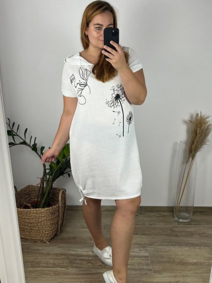 Šaty s kapucí letní mušelín krátký rukáv nadrozměr dámské (XL/2XL/3XL ONE SIZE) ITALSKÁ MÓDA IM423LOLA/DUR (Velikost 2XL/3XL, Barva bílá)