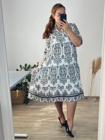 Šaty košilové oversize 3/4 rukáv dámské nadrozměr (L/XL/2XL ONE SIZE) ITALSKÁ MÓDA IM423MOZAIKA/DUR (Velikost XL/2XL, Barva bílá)
