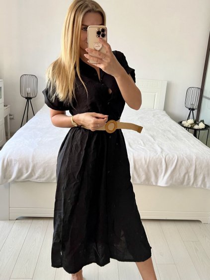 Šaty letní dlouhé košilové krátký rukáv dámské (S/M ONE SIZE) ITALSKÁ MÓDA IMM24U10878/DUR (Velikost S/M/L, Barva Černá)