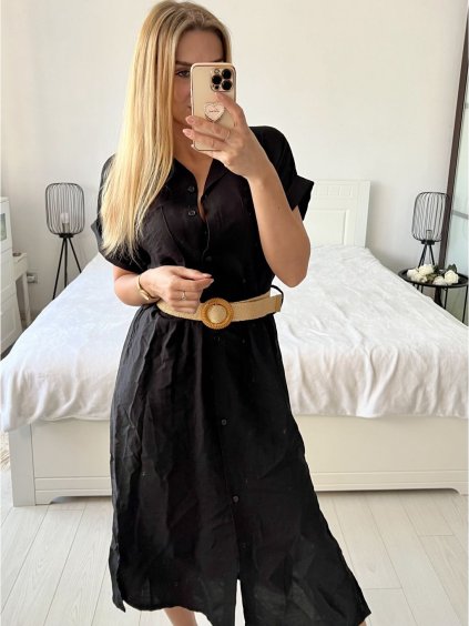 Šaty letní dlouhé košilové krátký rukáv dámské (S/M ONE SIZE) ITALSKÁ MÓDA IMM24U10878/DUR (Velikost S/M/L, Barva Černá)