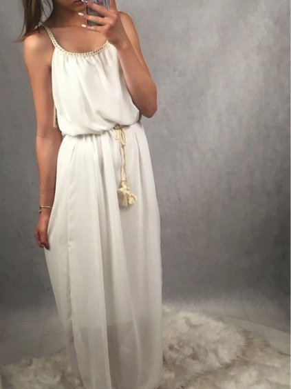 Šaty šifonové dlouhé letní na ramínkách dámské (S/M ONE SIZE) ITALSKá MóDA IMD24128 (Velikost S/M/L, Barva bílá)