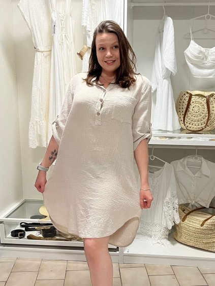 Košilové šaty mušelínové 3/4 rukáv dámská  (42/44/46) ITALSKá MODA IMSM24004/DUR (Velikost 42/44/46, Barva béžová)
