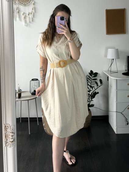 Šaty dlouhé letní s páskem krátký rukáv dámské (S/M/L ONE SIZE) ITALSKÁ MÓDA IMC24264/DR (Velikost M/L, Barva béžová)