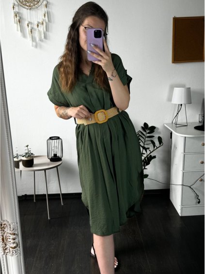 Šaty dlouhé letní s páskem krátký rukáv dámské (S/M/L ONE SIZE) ITALSKÁ MÓDA IMC24264/DR (Velikost M/L, Barva béžová)