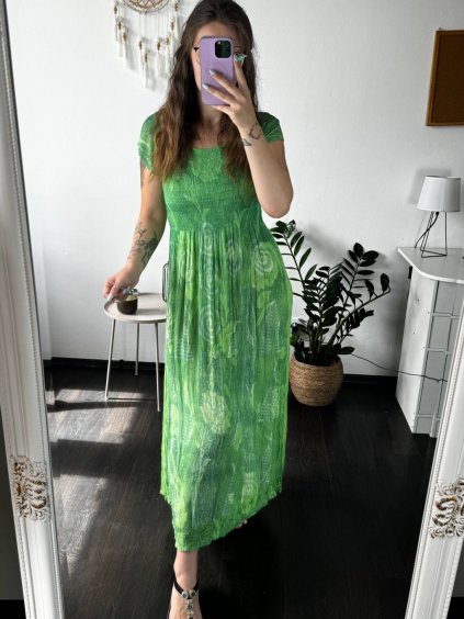 Šaty indické letní krátký rukáv dámské (M/L/XL ONE SIZE) ITALSKÁ MÓDA IMBM24B-10737-A/DR (Velikost M/L, Barva světle zelená)