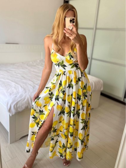 Šaty dlouhé letní na ramínka dámské citronky  (S/M ONE SIZE) ITALSKÁ MÓDA IMPBB24B25181-1/DUR (Velikost S/M/L, Barva bílá)