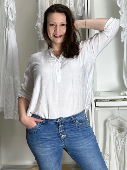Tunika prodloužená košilová 3/4 dlouhý rukáv dámská nadrozměr (46/48/50 ONE SIZE) ITALSKá MODA IM7246236/DUR (Velikost 46/48/50, Barva bílá)