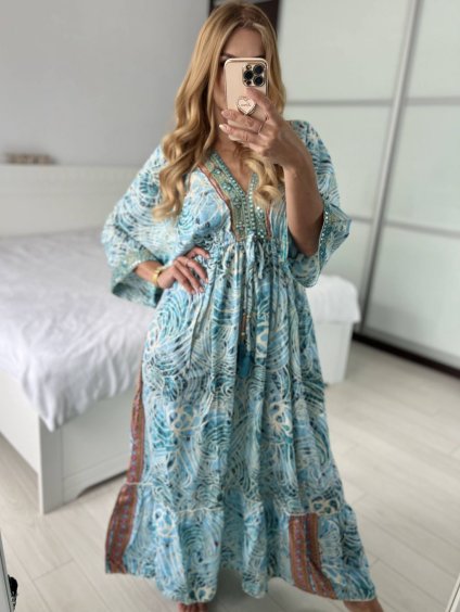 Šaty letní indické krátký rukáv dámské (S/M/L ONE SIZE) INDICKÁ MÓDA IMM24MAVIVA-7/DU (Velikost M/L, Barva modrá)