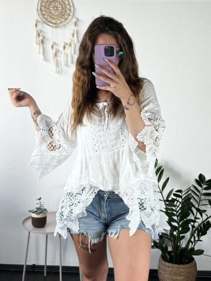 Tunika boho krátký rukáv dámská nadrozměr (44/46/48 ONE SIZE) ITALSKá MODA IMSM24037 (Velikost 44/46/48, Barva bílá)