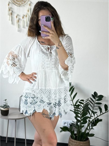 Tunika boho krátký rukáv dámská nadrozměr (44/46/48 ONE SIZE) ITALSKá MODA IMSM24037 (Velikost 44/46/48, Barva bílá)