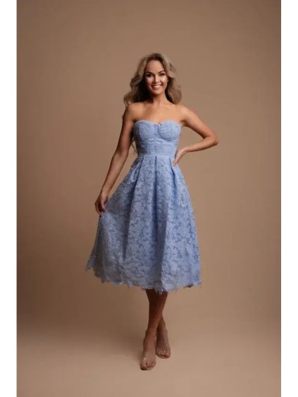 Šaty carmen elegantní krajkové dámské (S-L) FRANCOUZSKÁ MÓDA FMPEL24SALMA-1/DR (Velikost L, Barva světle modrá)