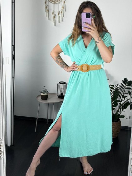 Šaty letní košilové s páskem krátký rukáv dámské (S/M/L ONE SIZE) ITALSKá MóDA IM424486/DR (Velikost M/L, Barva zelená mintova)