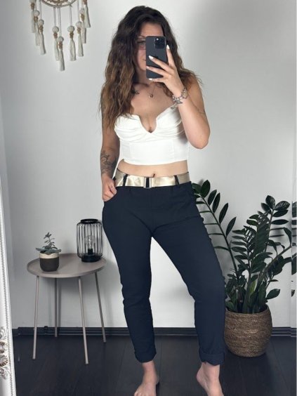 Kalhoty dlouhé strečové mačkavé s páskem dámské (S/M/L ONE SIZE) ITALSKÁ MÓDA IMWKK24086/DR (Velikost M/L, Barva Černá)