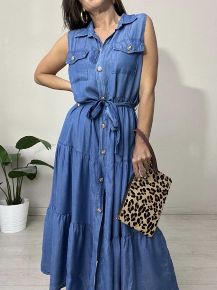 Šaty dlouhé košilové riflové bez rukávu dámské (S/M/L ONE SIZE) ITALSKÁ MÓDA IMWGB24056/DR (Velikost M/L, Barva modrá džínová)