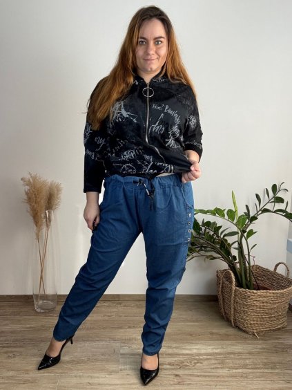 Kalhoty bavlněné dámské nadrozměr (XL/2XL/3XL ONE SIZE) ITALSKá MóDA IM42415055/DUR (Velikost 2XL/3XL, Barva tmavě modrá)