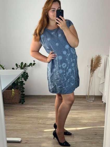Šaty letní lněné krátký rukáv dámské (M-60) ITALSKá MóDA IM424FLOWER1/DR (Velikost 54, Barva světle modrá)
