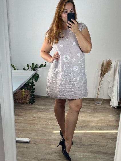 Šaty letní lněné krátký rukáv dámské (M-60) ITALSKá MóDA IM424FLOWER2/DR (Velikost 56, Barva fialová světlá)
