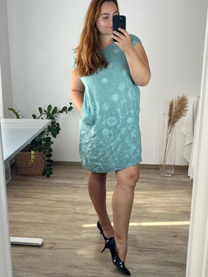 Šaty letní lněné krátký rukáv dámské (M-60) ITALSKá MóDA IM424FLOWER3/DR (Velikost 52, Barva světle zelená)