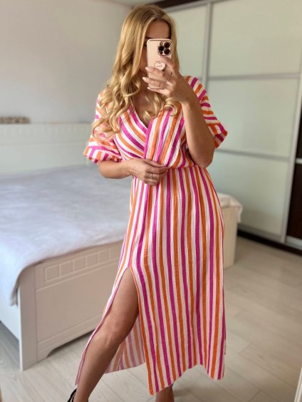 Šaty dlouhé letní mušelínové krátký rukáv dámské (S/M ONE SIZE) ITALSKÁ MÓDA IMWCH24569-3/DU (Velikost S/M/L, Barva růžová)