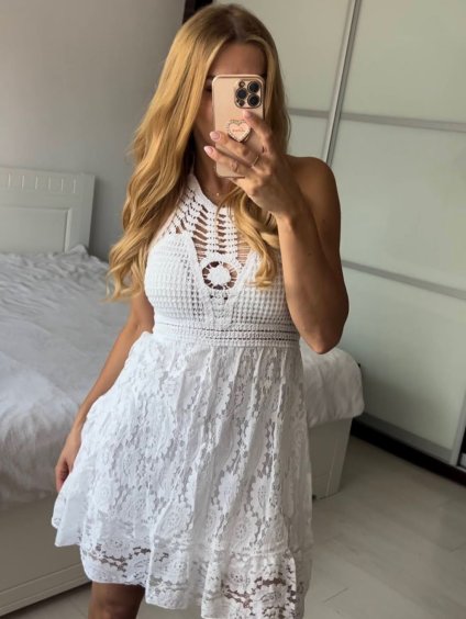 Šaty krátké háčkované letní na ramínka dámské (S/M ONE SIZE) ITALSKÁ MÓDA IMPSH2488383/DU (Velikost S/M/L, Barva bílá)