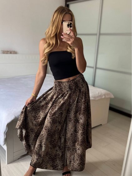 Kalhoty letní sukňové dlouhé dámské (S/M/L ONE SIZE) ITALSKÁ MÓDA IMD247023-2/DUR (Velikost M/L, Barva hnědá leopard)