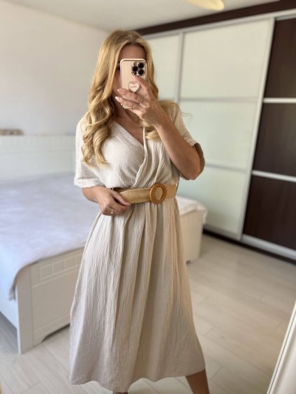 Šaty dlouhé mušelín s páskem krátký rukáv dámské (S/M/L ONE SIZE) ITALSKÁ MÓDA IMWBH24055/DU (Velikost M/L, Barva béžová)