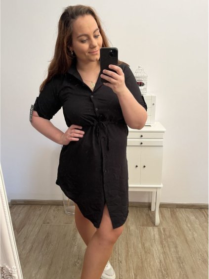 Šaty košilové oversize krátký rukáv dámské (S/M/L ONE SIZE) ITALSKÁ MÓDA IM424538/DR (Velikost M/L, Barva Černá)