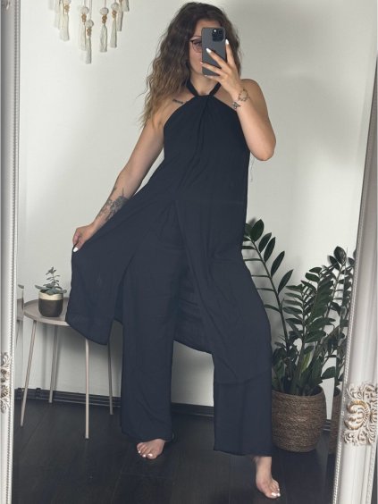 Souprava letní bez rukávu šaty a kalhoty dámské (S/M ONE SIZE) ITALSKÁ MÓDA IMPSH2424614/DUR (Velikost S/M/L, Barva Černá)