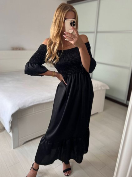 Šaty dlouhé žabičované krátký rukáv dámské (S/M ONE SIZE) ITALSKÁ MÓDA IMPMD243151K/DU (Velikost S/M/L, Barva Černá)
