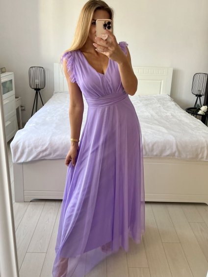 Šaty dlouhé společenské krátký rukáv dámské (S/M ONE SIZE) ITALSKÁ MÓDA IMPSH2420022/DUR (Velikost S/M/L, Barva fialová)
