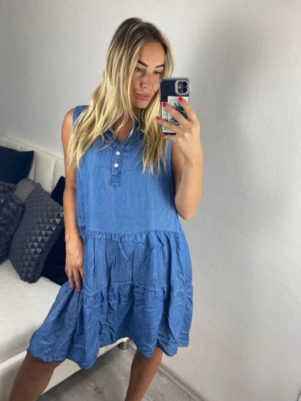 Šaty riflové letní bez rukávu dámské (S/M/L ONE SIZE) ITALSKÁ MÓDA IM724205/DU (Velikost M/L, Barva světle modrá)