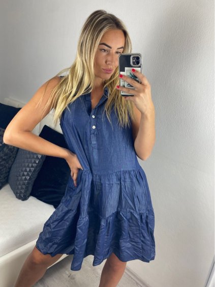 Šaty riflové letní bez rukávu dámské (S/M/L ONE SIZE) ITALSKÁ MÓDA IM724205/DU (Velikost M/L, Barva světle modrá)