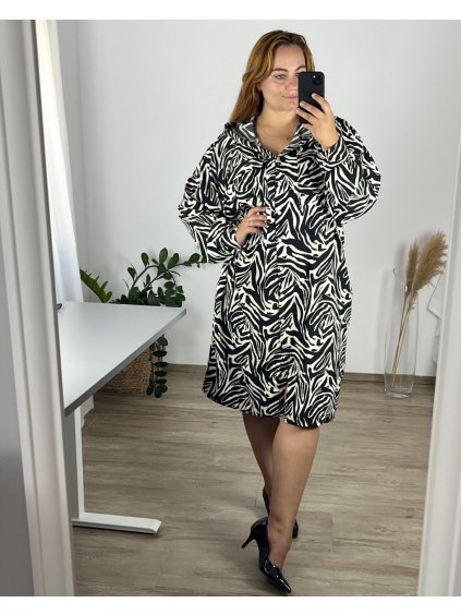 Šaty s kapucí Dlouhé košilové dlouhý rukáv dámské nadrozměr (52/54 ONE SIZE) ITALSKá MóDA IM424SAVANA/DU (Velikost 52/54, Barva Černo-bílá)