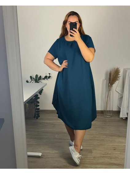 Šaty krátký rukáv dámské nadrozměr (54/56 ONE SIZE) ITALSKÁ MÓDA IMSM24HANNAH/DU (Velikost 54/56, Barva tmavě petrolejová)