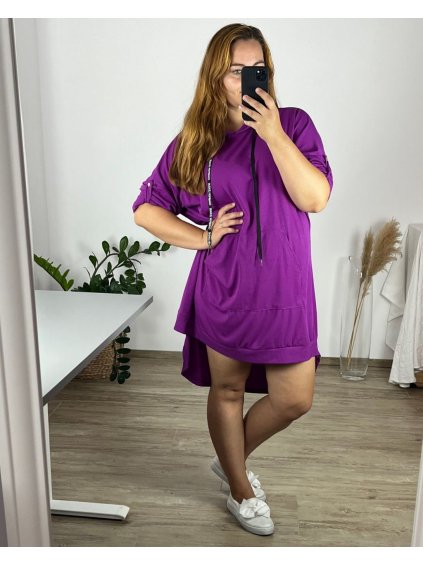 Šaty mikinové dlouhý rukáv dámské nadrozměr (54/56/58 ONE SIZE) ITALSKÁ MÓDA IMWQ24304/DU (Velikost 56/58, Barva Černá)