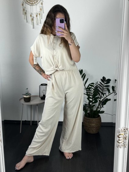 Souprava letní tunika  a kalhoty dámské (S/M ONE SIZE) ITALSKá MóDA IM424543/DR (Velikost S/M/L, Barva béžová)