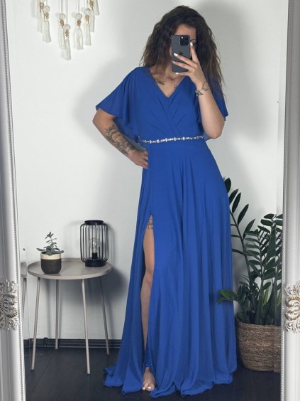 šaty dlouhé elegantní společenské krátký rukáv dámské (M/L ONE SIZE) ITALSKÁ MÓDA IMM24XF50124/DUR (Velikost M/L, Barva modrá královská)