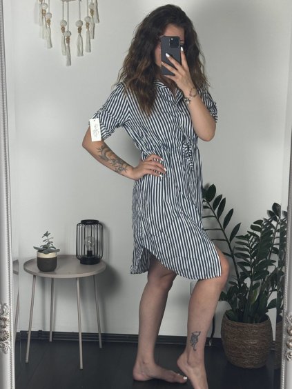 Košilové šaty krátký rukáv dámská  (S/M/L ONE SIZE) ITALSKá MODA IMSM24038/DUR (Velikost M/L, Barva modrá)