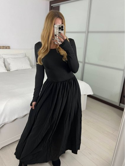 Šaty dlouhé elegantní dlouhý rukáv dámské (S/M ONE SIZE) ITALSKÁ MÓDA IMM24M25599 (Velikost S/M/L, Barva Černá)