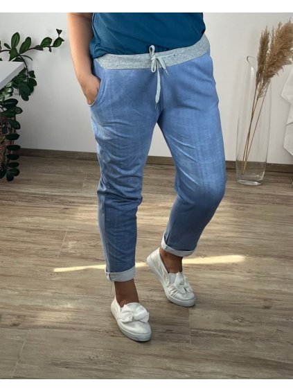 Tepláky dlouhé dámské nadrozměr (50/52 ONE SIZE) ITALSKÁ MÓDA IMN22082/DUR (Velikost XL/2XL, Barva světle modrá)